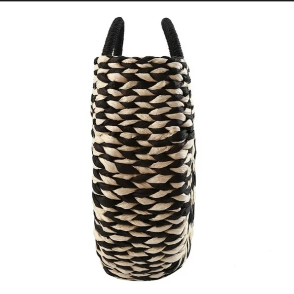 SALE Half Semi Circle Straw Ratan Woven Structured Tote Bag Black Cream Boho - Picture 4 of 10